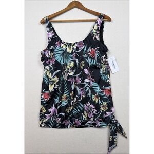 NWT Fulfitall Black Floral Tankini Swim Top Women's Size 18 Padded Tie on Side